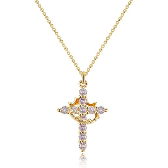 Faith Crown Cross Necklace for Women 14K Gold Silver Plated Birthstone Gift - Picture 1 of 8